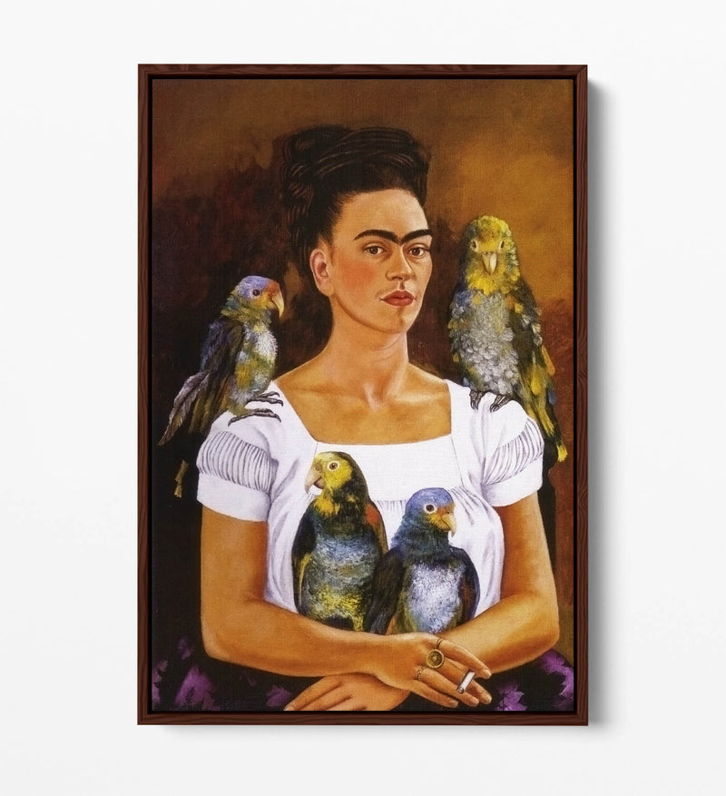 'Me and My Parrots' by Frida Kahlo - Contemporary Float Effect Canvas Wall Art Print with Premium Varnish Finish