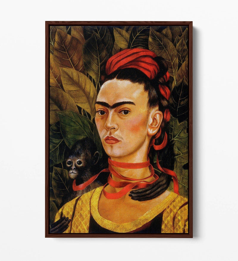'Self-Portrait with Monkey' by Frida Kahlo - Contemporary Float Effect Canvas Wall Art Print with Premium Varnish Finish