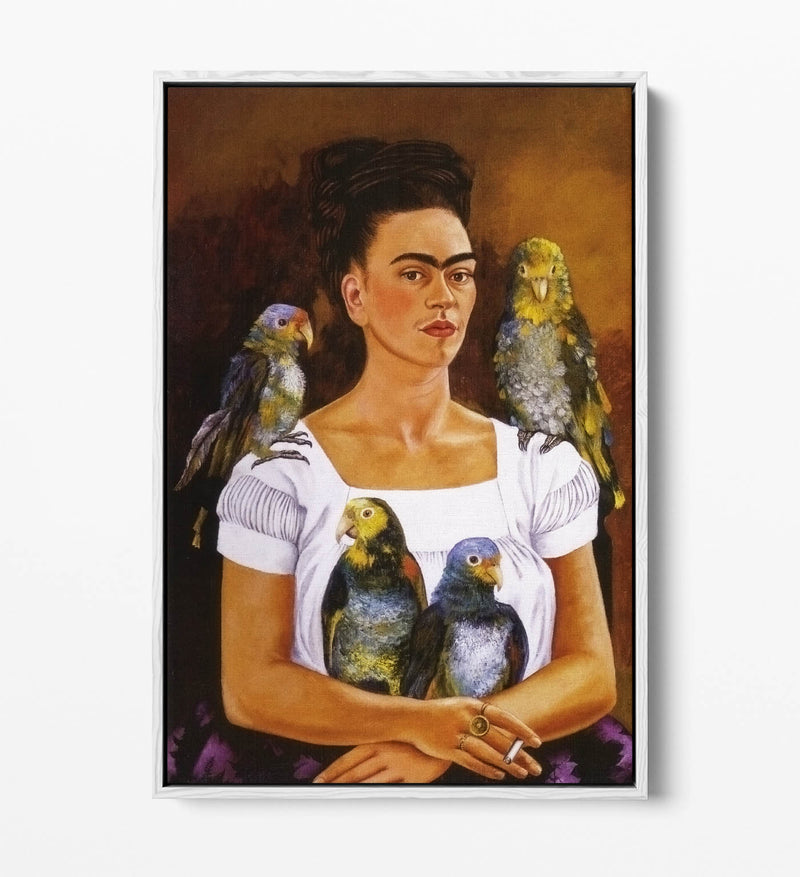 'Me and My Parrots' by Frida Kahlo - Contemporary Float Effect Canvas Wall Art Print with Premium Varnish Finish
