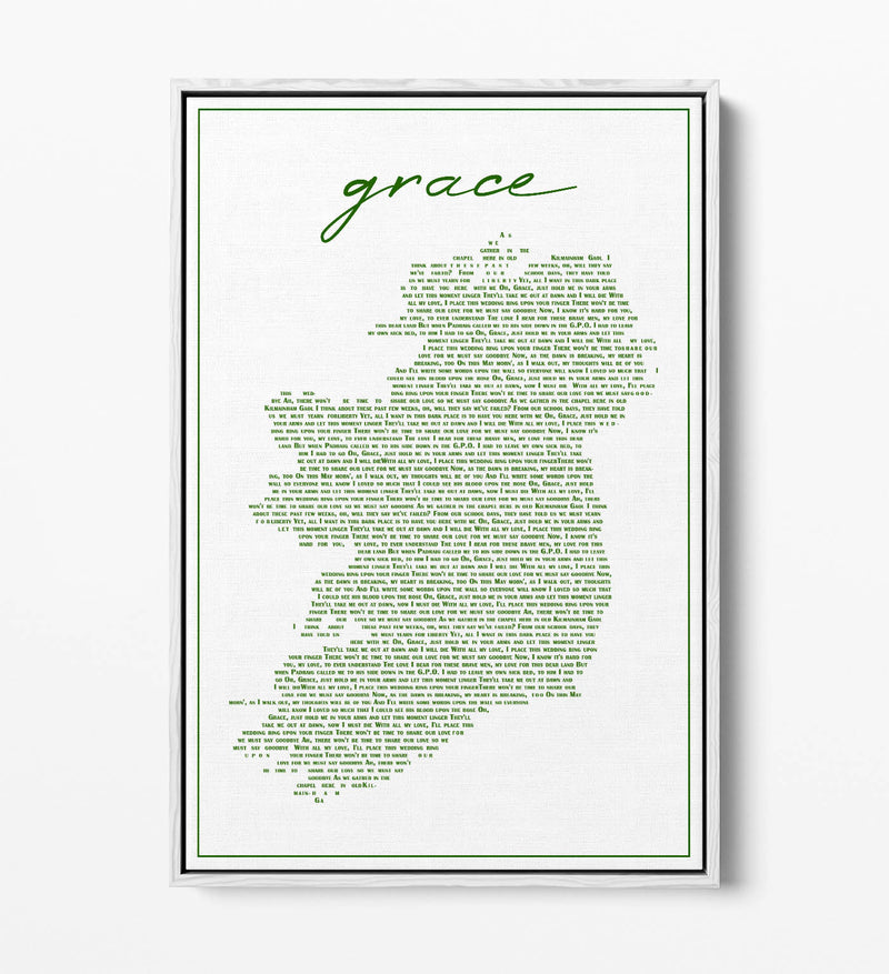 Grace Lyrics in the Shape of Ireland - Contemporary Float Effect Canvas Wall Art Print with Premium Varnish Finish