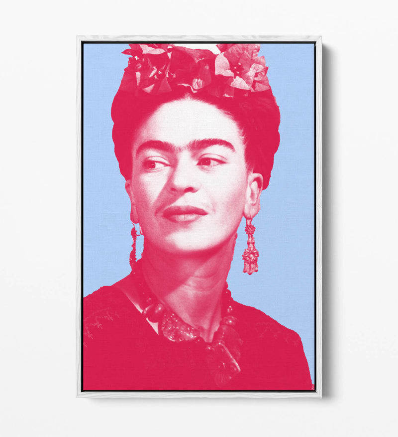 Colourful Frida Kahlo Pop Art (pink & blue) - Contemporary Float Effect Canvas Wall Art Print with Premium Varnish Finish