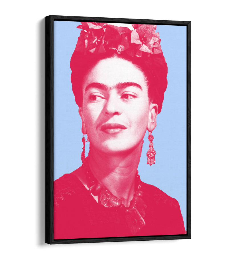 Colourful Frida Kahlo Pop Art (pink & blue) - Contemporary Float Effect Canvas Wall Art Print with Premium Varnish Finish
