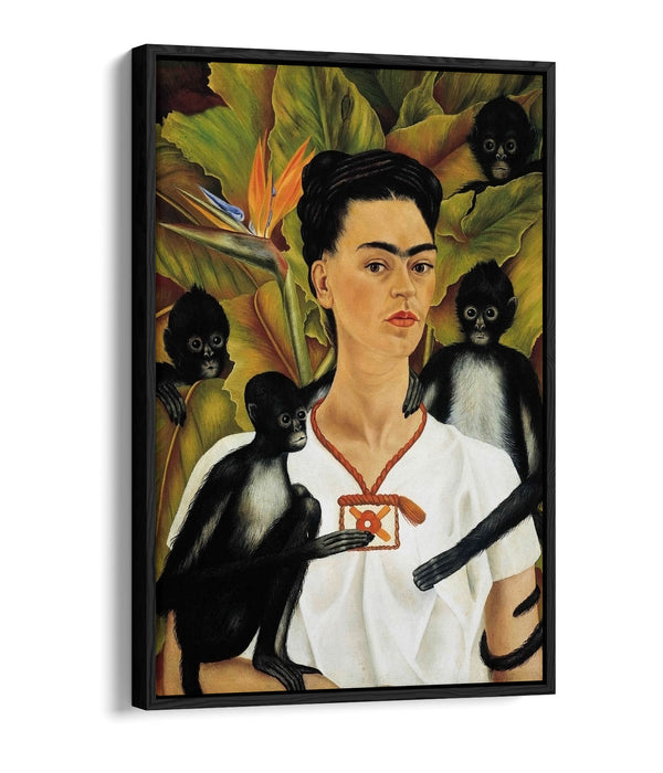 'Self Portrait with Monkeys' by Frida Kahlo - Contemporary Float Effect Canvas Wall Art Print with Premium Varnish Finish