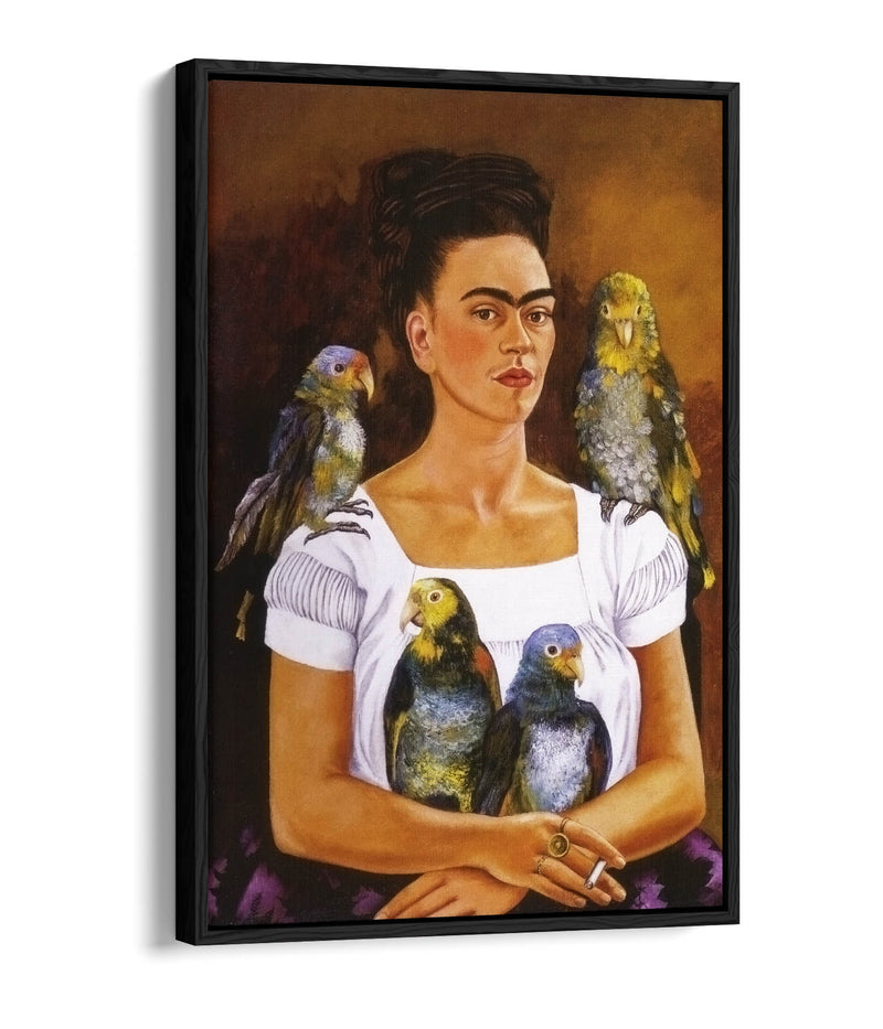 'Me and My Parrots' by Frida Kahlo - Contemporary Float Effect Canvas Wall Art Print with Premium Varnish Finish