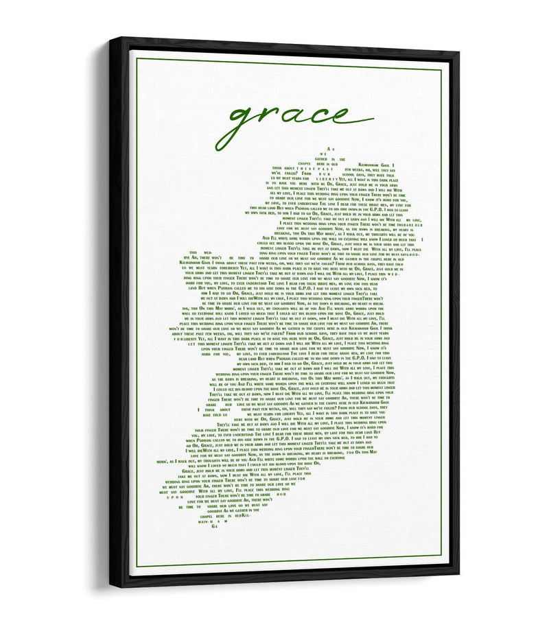 Grace Lyrics in the Shape of Ireland - Contemporary Float Effect Canvas Wall Art Print with Premium Varnish Finish