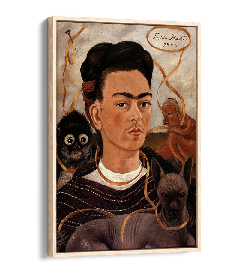 'Self-Portrait with Small Monkey' by Frida Kahlo - Contemporary Float Effect Canvas Wall Art Print with Premium Varnish Finish