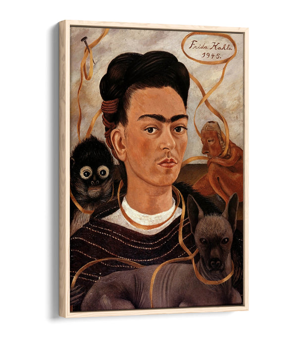 'Self-Portrait with Small Monkey' by Frida Kahlo - Contemporary Float Effect Canvas Wall Art Print with Premium Varnish Finish