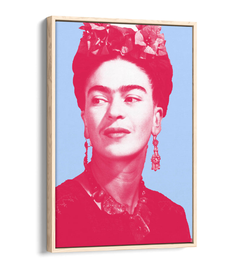 Colourful Frida Kahlo Pop Art (pink & blue) - Contemporary Float Effect Canvas Wall Art Print with Premium Varnish Finish