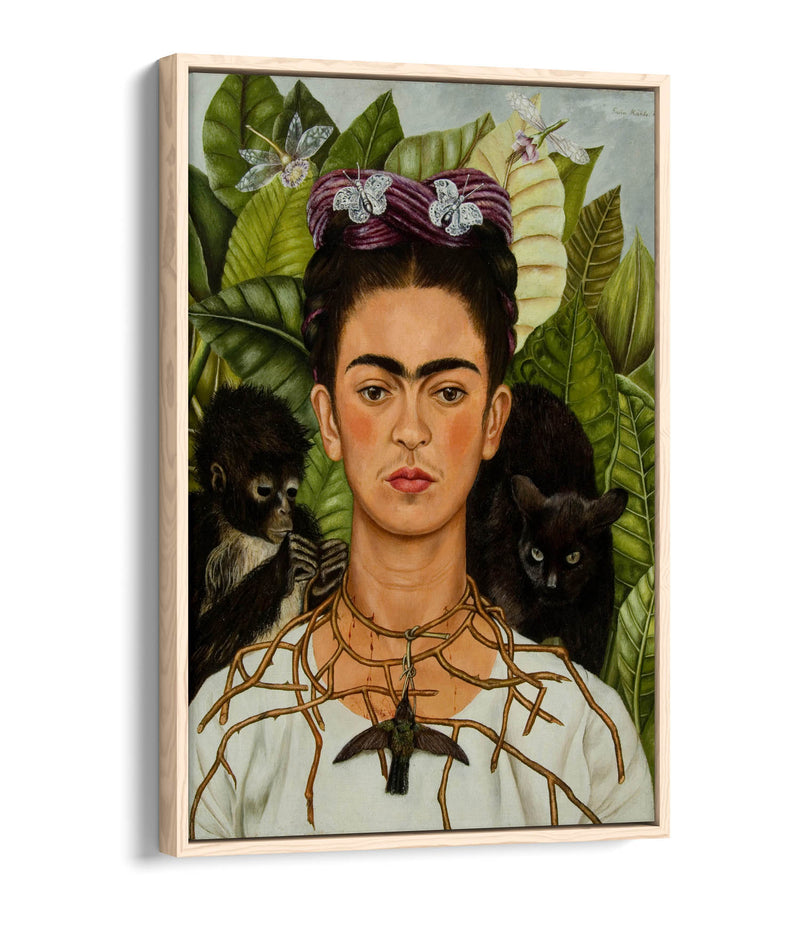 'Self-Portrait with Thorn Necklace and Hummingbird' by Frida Kahlo - Contemporary Float Effect Canvas Wall Art Print with Premium Varnish Finish