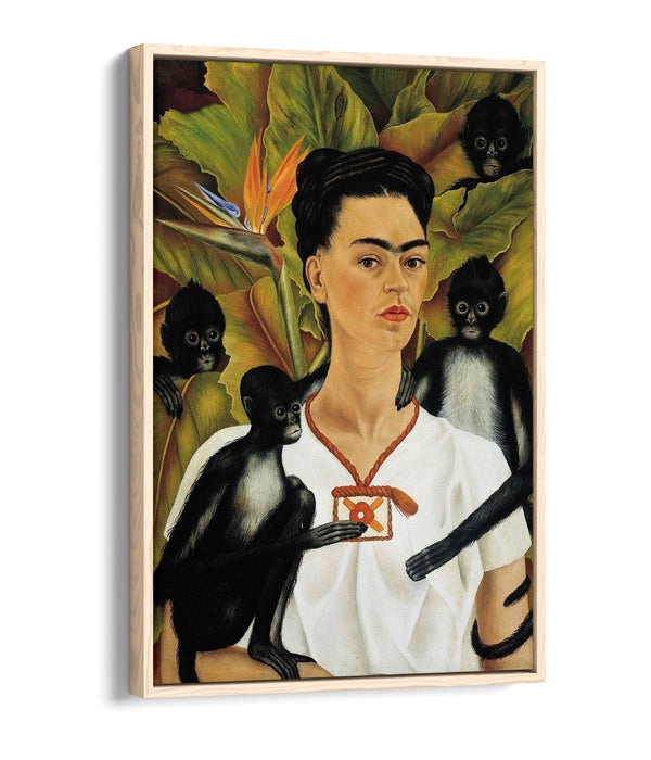 'Self Portrait with Monkeys' by Frida Kahlo - Contemporary Float Effect Canvas Wall Art Print with Premium Varnish Finish