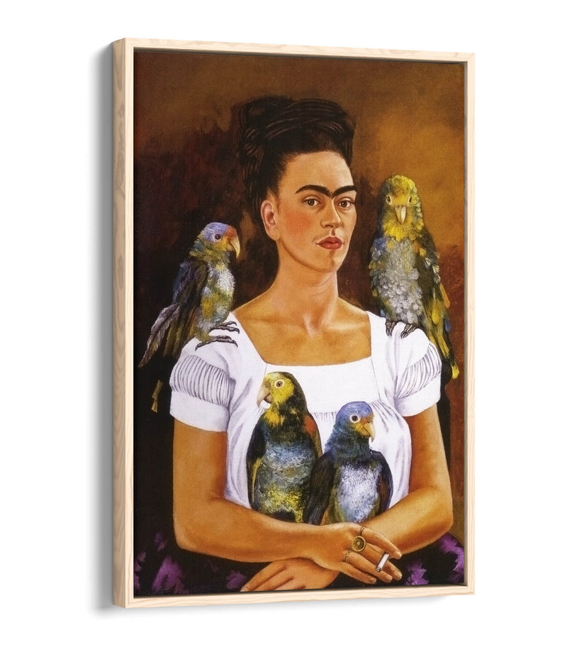 'Me and My Parrots' by Frida Kahlo - Contemporary Float Effect Canvas Wall Art Print with Premium Varnish Finish