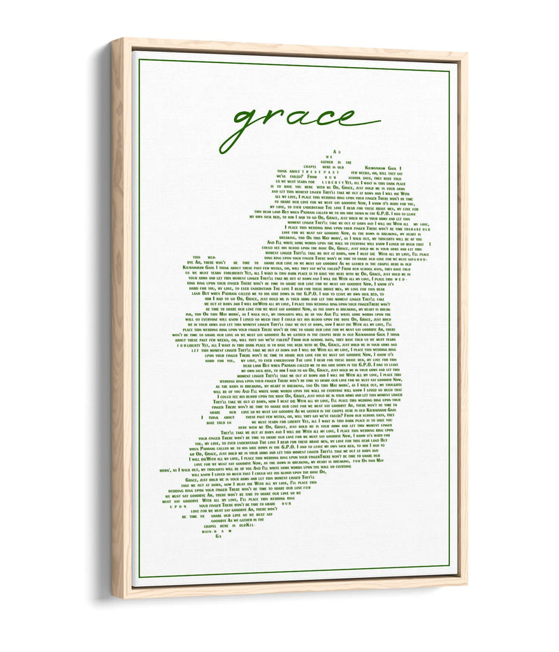 Grace Lyrics in the Shape of Ireland - Contemporary Float Effect Canvas Wall Art Print with Premium Varnish Finish