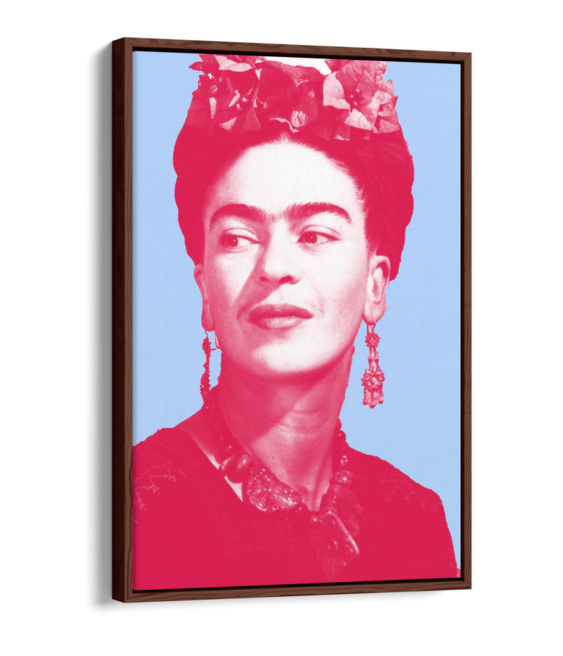 Colourful Frida Kahlo Pop Art (pink & blue) - Contemporary Float Effect Canvas Wall Art Print with Premium Varnish Finish