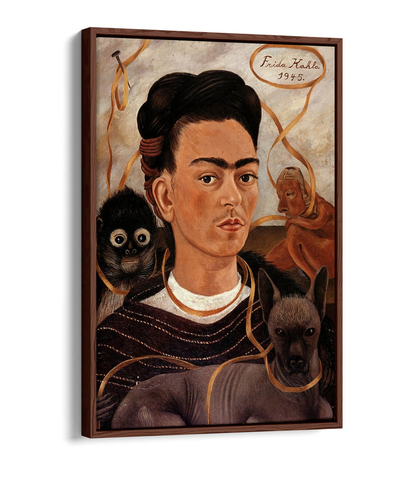'Self-Portrait with Small Monkey' by Frida Kahlo - Contemporary Float Effect Canvas Wall Art Print with Premium Varnish Finish