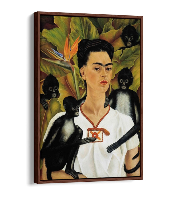 'Self Portrait with Monkeys' by Frida Kahlo - Contemporary Float Effect Canvas Wall Art Print with Premium Varnish Finish