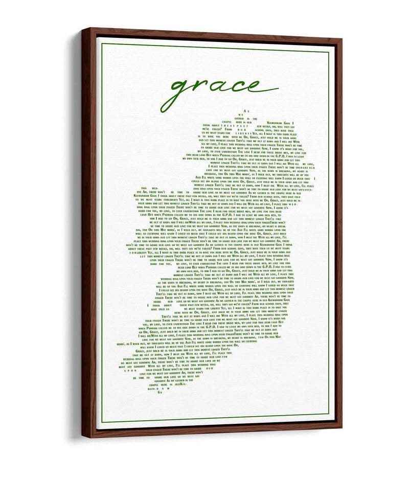Grace Lyrics in the Shape of Ireland - Contemporary Float Effect Canvas Wall Art Print with Premium Varnish Finish