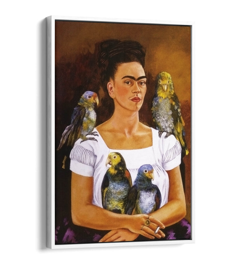'Me and My Parrots' by Frida Kahlo - Contemporary Float Effect Canvas Wall Art Print with Premium Varnish Finish