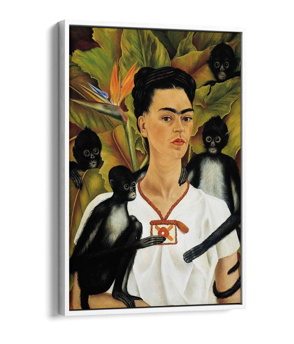 'Self Portrait with Monkeys' by Frida Kahlo - Contemporary Float Effect Canvas Wall Art Print with Premium Varnish Finish