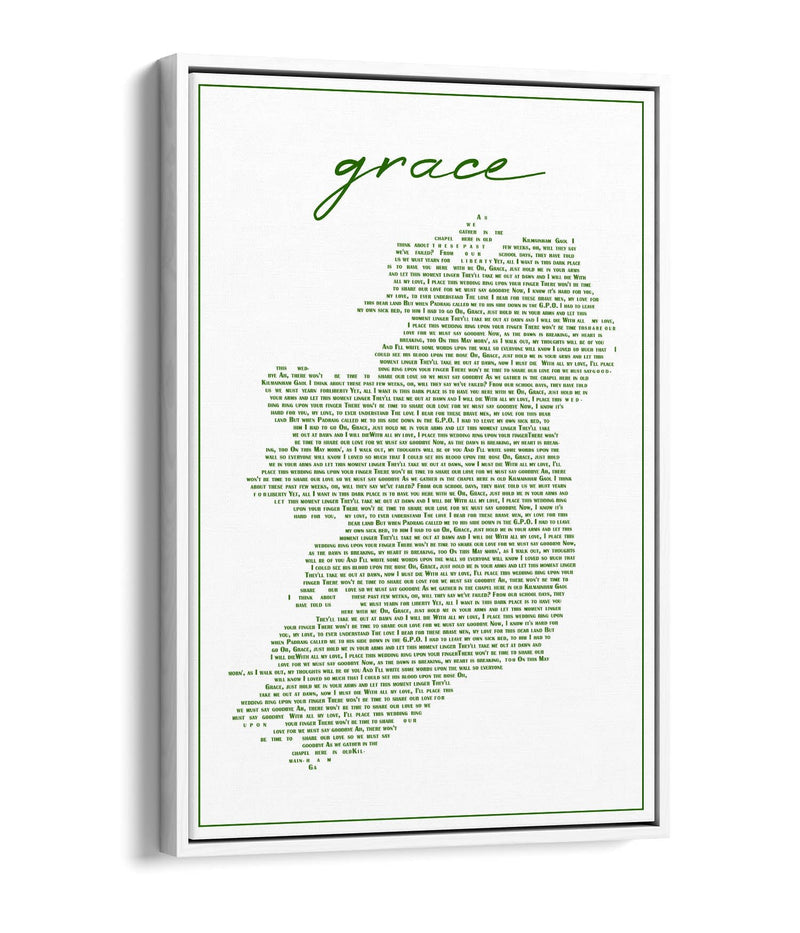 Grace Lyrics in the Shape of Ireland - Contemporary Float Effect Canvas Wall Art Print with Premium Varnish Finish