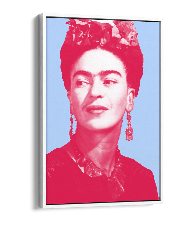 Colourful Frida Kahlo Pop Art (pink & blue) - Contemporary Float Effect Canvas Wall Art Print with Premium Varnish Finish
