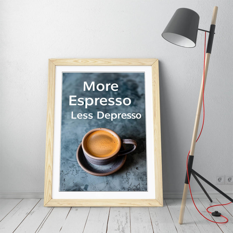 Espresso Wall Art – Framed Cafe Poster With Funny Coffee Quote & Woodgrain Frame