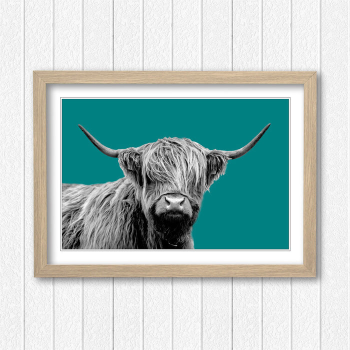 HIGHLAND COW BLACK AND WHITE TEAL FRAMED POSTER WALL ART PRINT ARTWORK DESIGN
