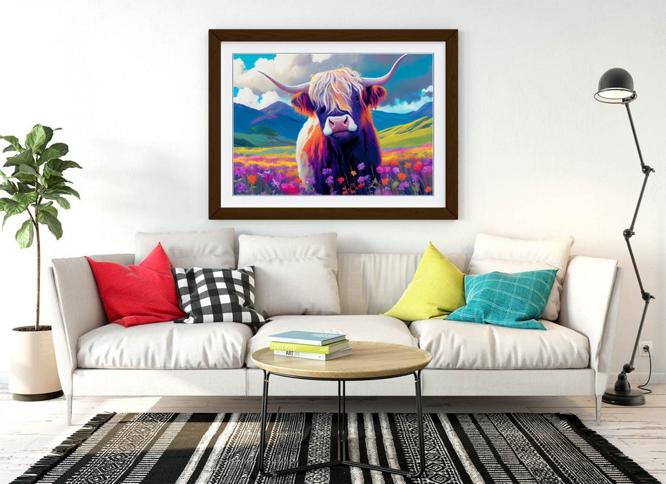 Highland Cow Wall Art – Colorful Landscape Poster With Natural Wood Frame