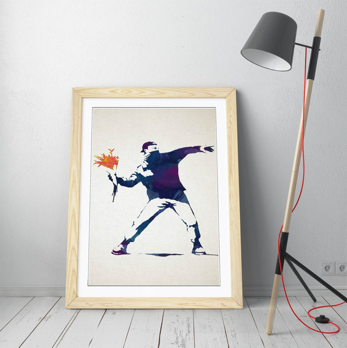 BANKSY, FLOWER BOMBER BLUE WATERCOLOUR STYLE ART -FRAMED WALL ART PICTURE PRINT