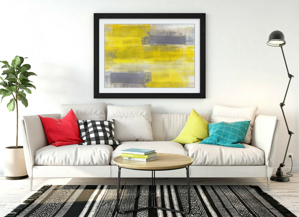 Framed Abstract Painting – Modern Wall Print With Yellow Grey Artwork & Natural Wood Frame