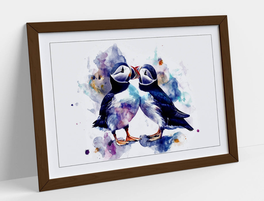 Puffins Wall Art - Framed Cute Bird Artwork With Woodgrain Frame, Ready To Hang