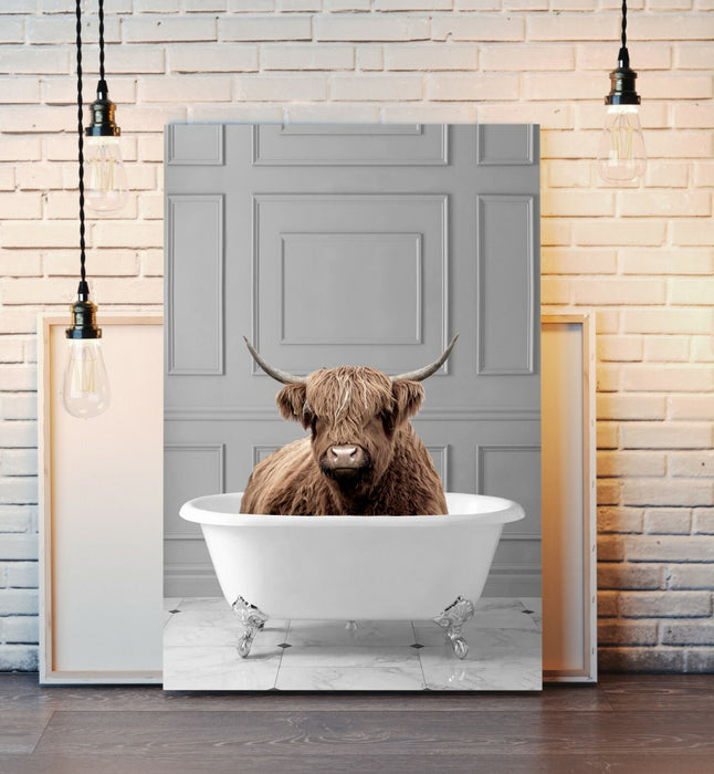 ANIMALS IN BATH HIGHLAND COW ELEPHANT PANDA CANVAS WALL ART PRINT ARTWORK FRAMED