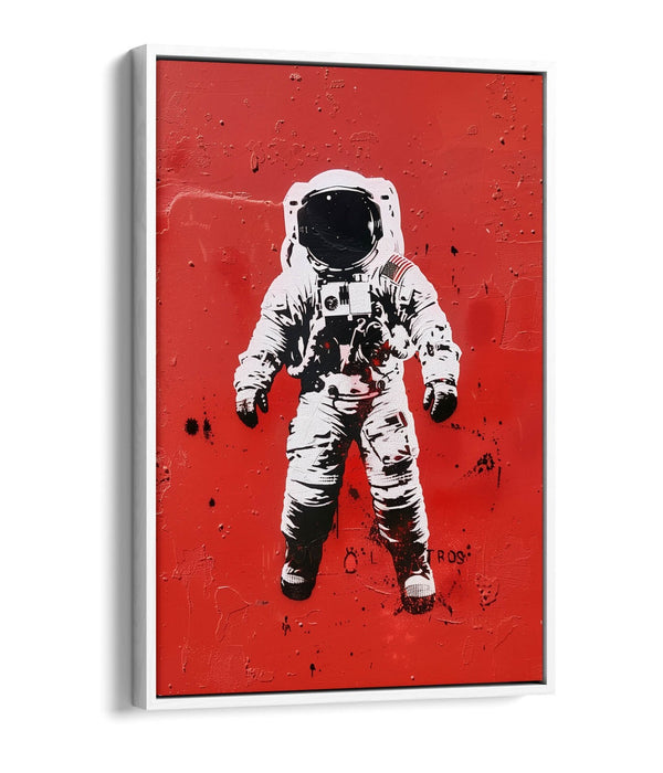 Astronaut Stencil Canvas – Graffiti Style Art with Red Background Print & Float Effect Frame