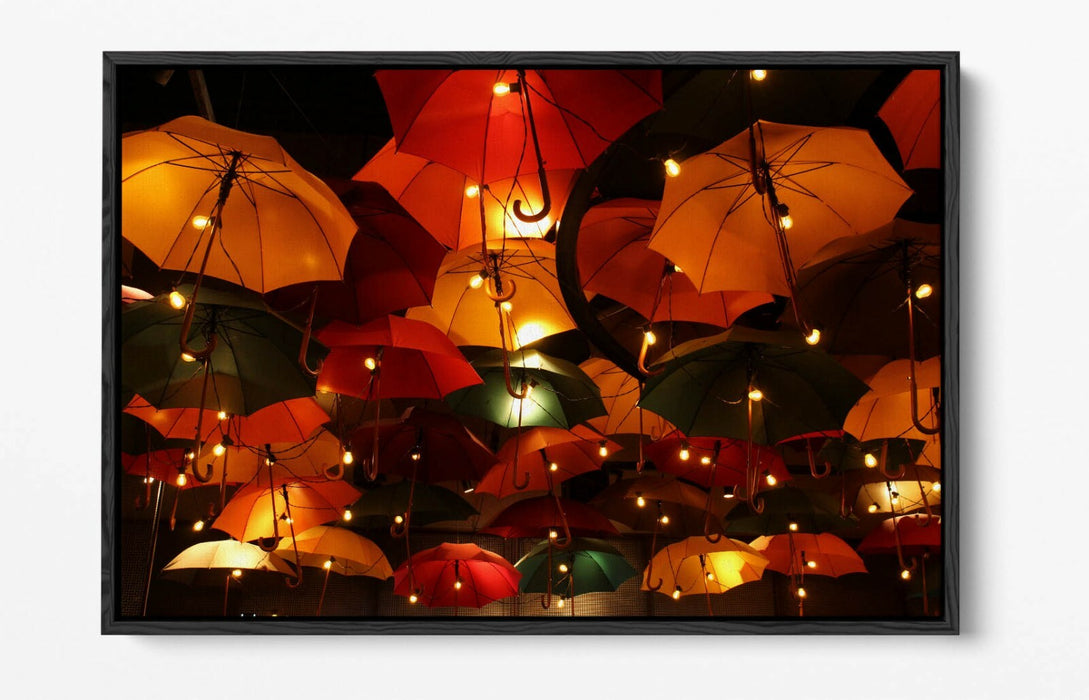 Canvas Art Print - Night Time Photography Umbrella Sky Lights | Float Effect Frame