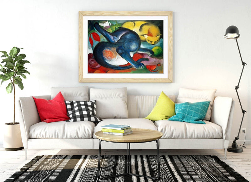 Framed Wall Art Poster – Two Cats Blue Yellow Print | Handmade MDF Wood Frame