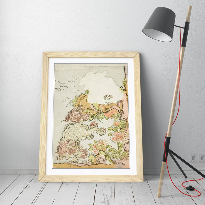 Framed Wall Art Poster Ready To Hang – Chinese Lions and Peonies Print, Handmade Archival Ink