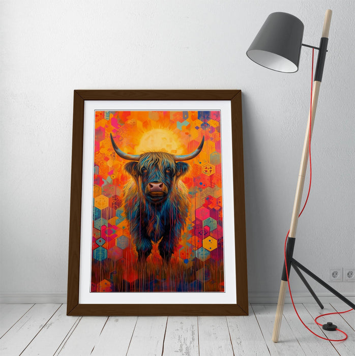 Highland Cow Wall Art – Multi Color Framed Hexagonal Pattern Poster Print