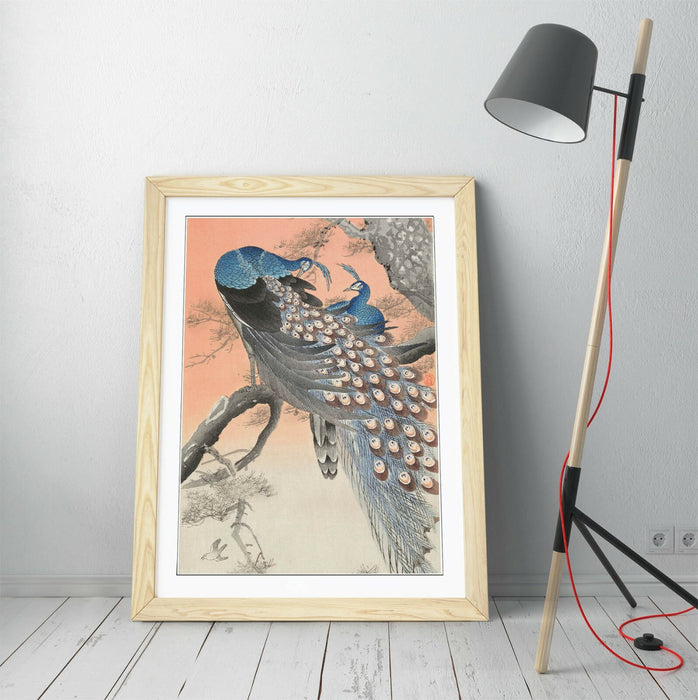 OHARA KOSON, TWO PEACOCKS ON TREE BRANCH -FRAMED STREET ART POSTER PICTURE PRINT