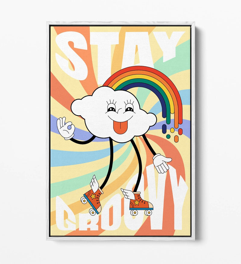 Retro Canvas Wall Art - Groovy Cloud & Rainbow Bedroom Print | Float Effect Canvas