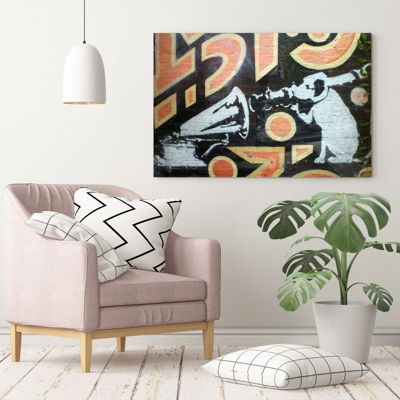 Banksy Graffiti Canvas - Deep Framed Urban Art Print With Woodgrain Frame Finish