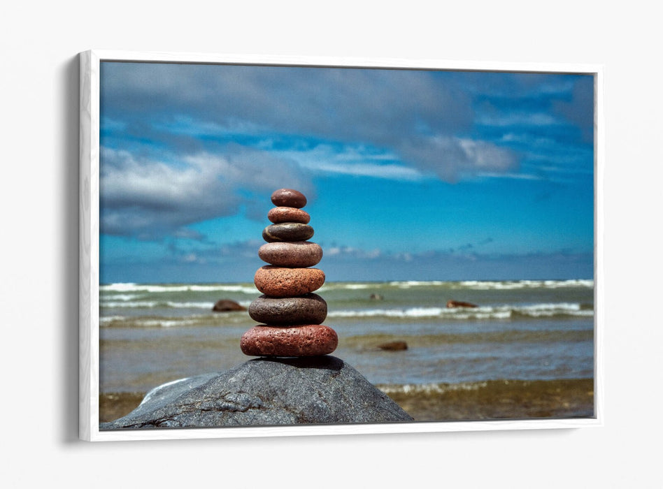 Canvas Wall Art – Stacked Zen Stones Float Effect on Seashore Beach Print