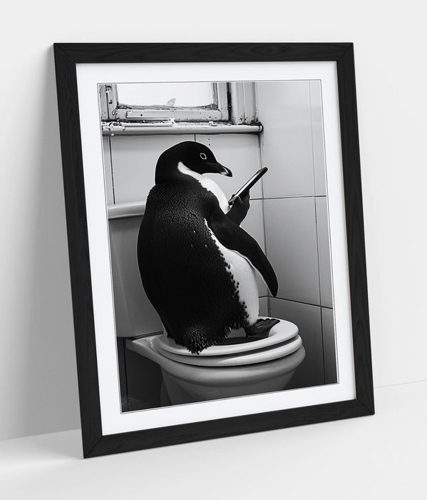 Funny Penguin Wall Art - Framed Poster Print With Toilet Humor For Bathroom Decor