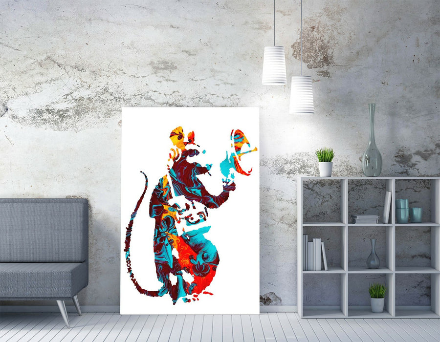BANKSY, RADAR RAT MULTI COLOUR MARBLE -CANVAS WALL ART PRINT ARTWORK FRAMED