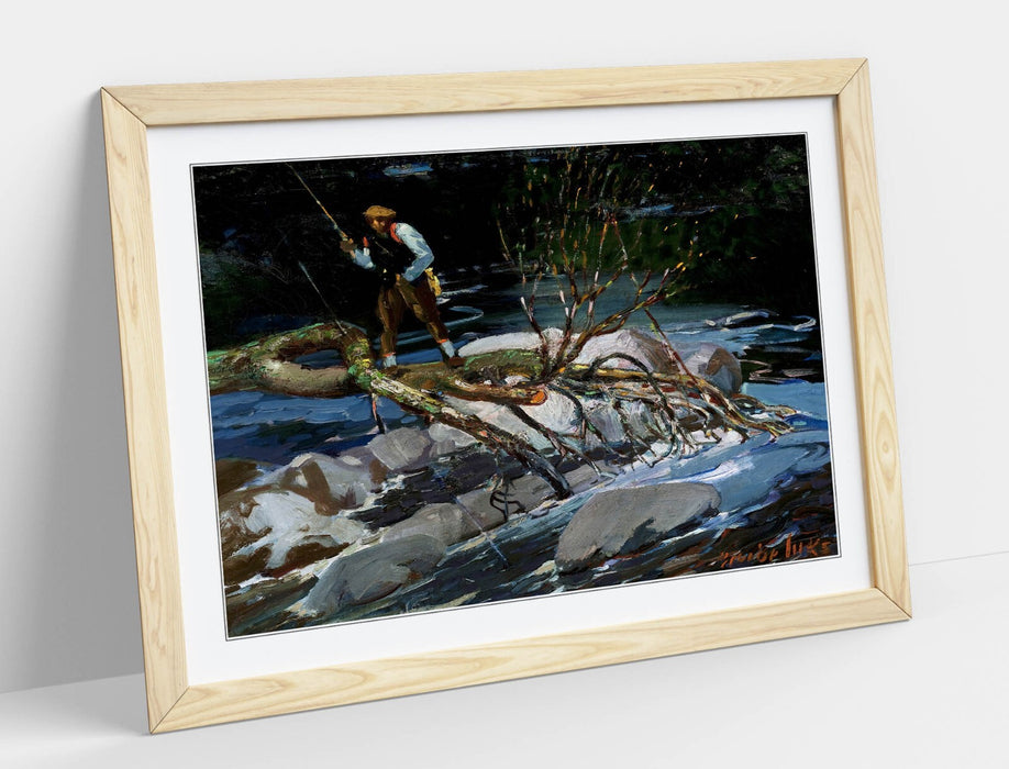 Framed Wall Art Poster - George Benjamin Luks Trout Fishing Print With Woodgrain Frame
