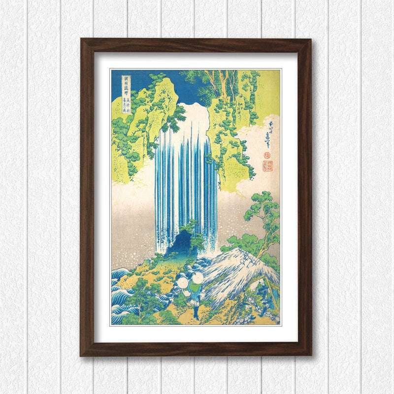 Hokusai Waterfall Art – Framed Japanese Art Print With Woodgrain Frame
