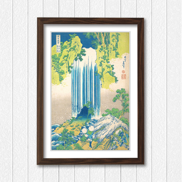 Hokusai Waterfall Art – Framed Japanese Art Print With Woodgrain Frame