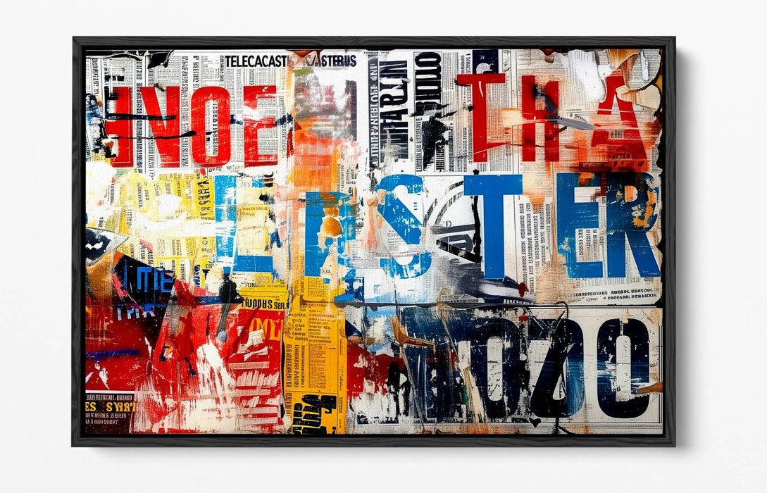 Float Effect Canvas Art – Abstract Newspaper Collage Graffiti Print on 30mm Deep Frame