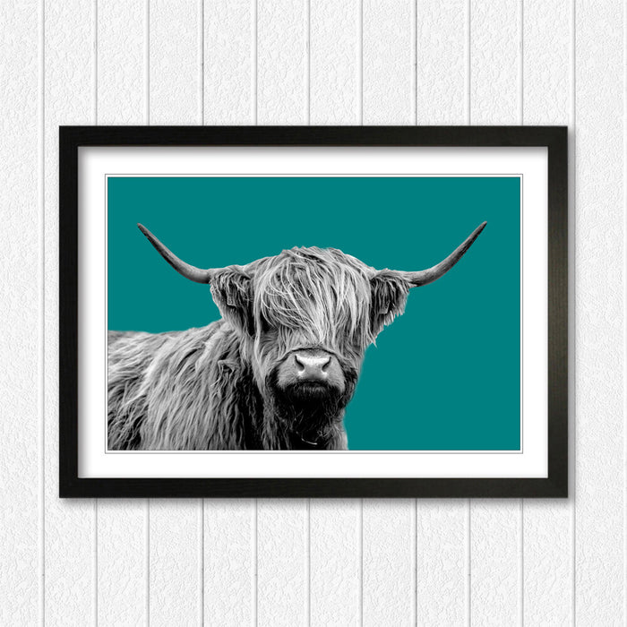 HIGHLAND COW BLACK AND WHITE TEAL FRAMED POSTER WALL ART PRINT ARTWORK DESIGN