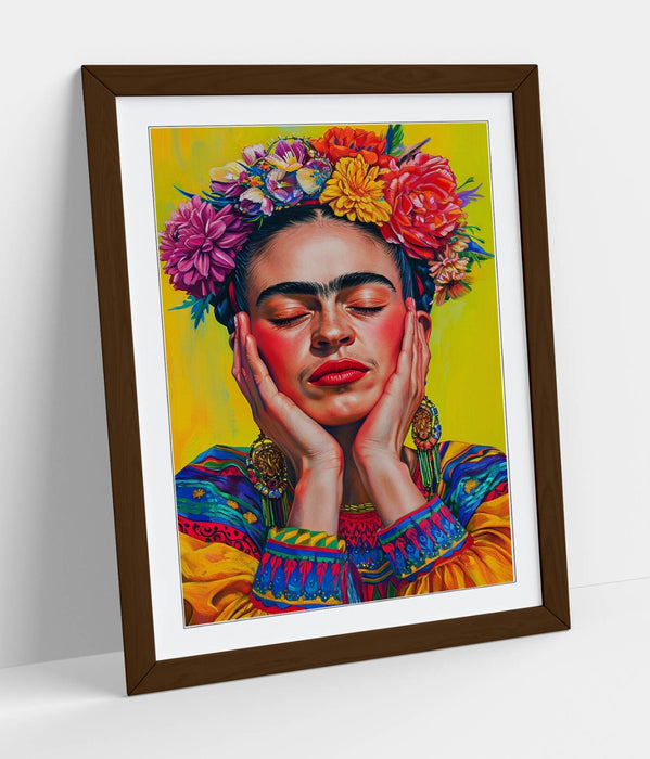 Frida Kahlo Wall Art – Colourful Portrait Print With Natural Wood Frame