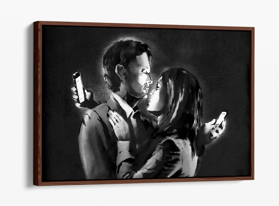 BANKSY MOBILE LOVERS FLOAT EFFECT CANVAS WALL ART PIC PRINT GRAFFITI- GREY WHITE