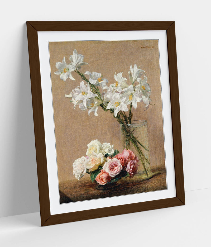 Framed Wall Art - Roses And Lilies Print | Handmade UK Frame, Matte Poster